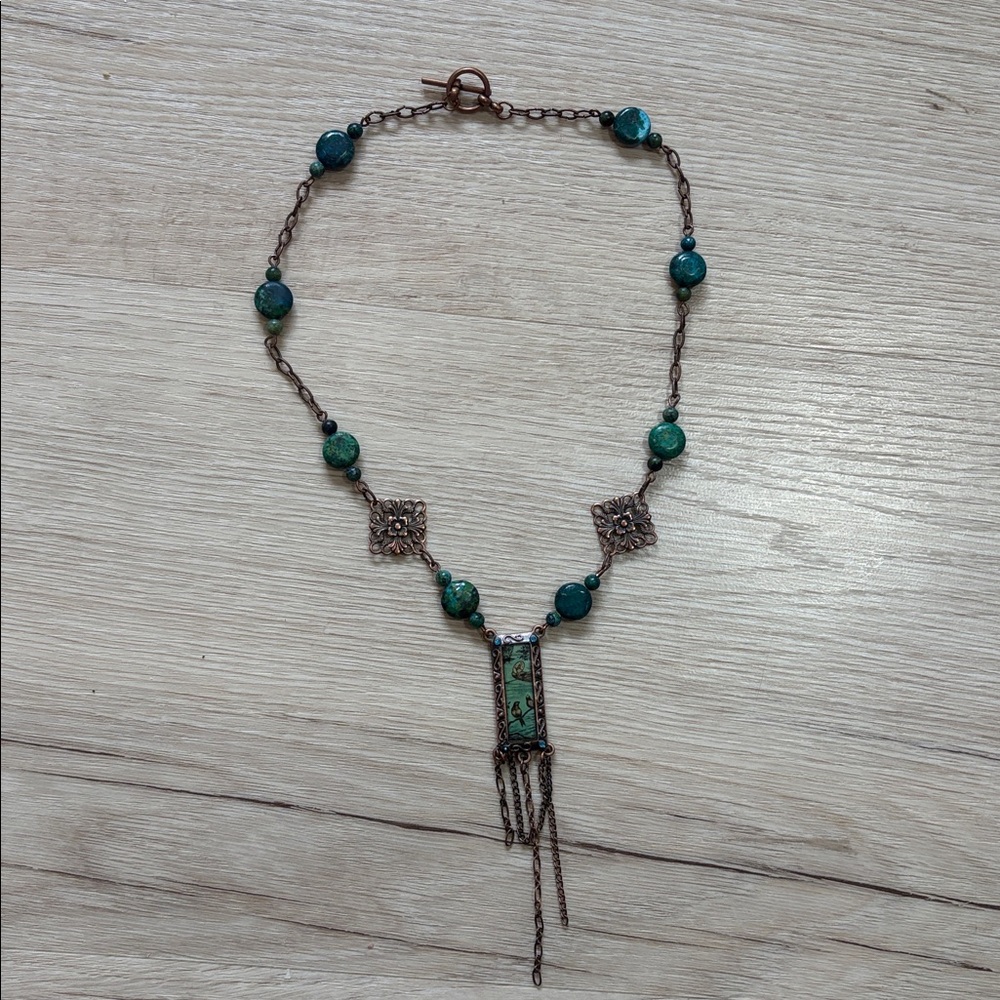 Handmade teal and copper necklace with bird pendant - Picture 4 of 5
